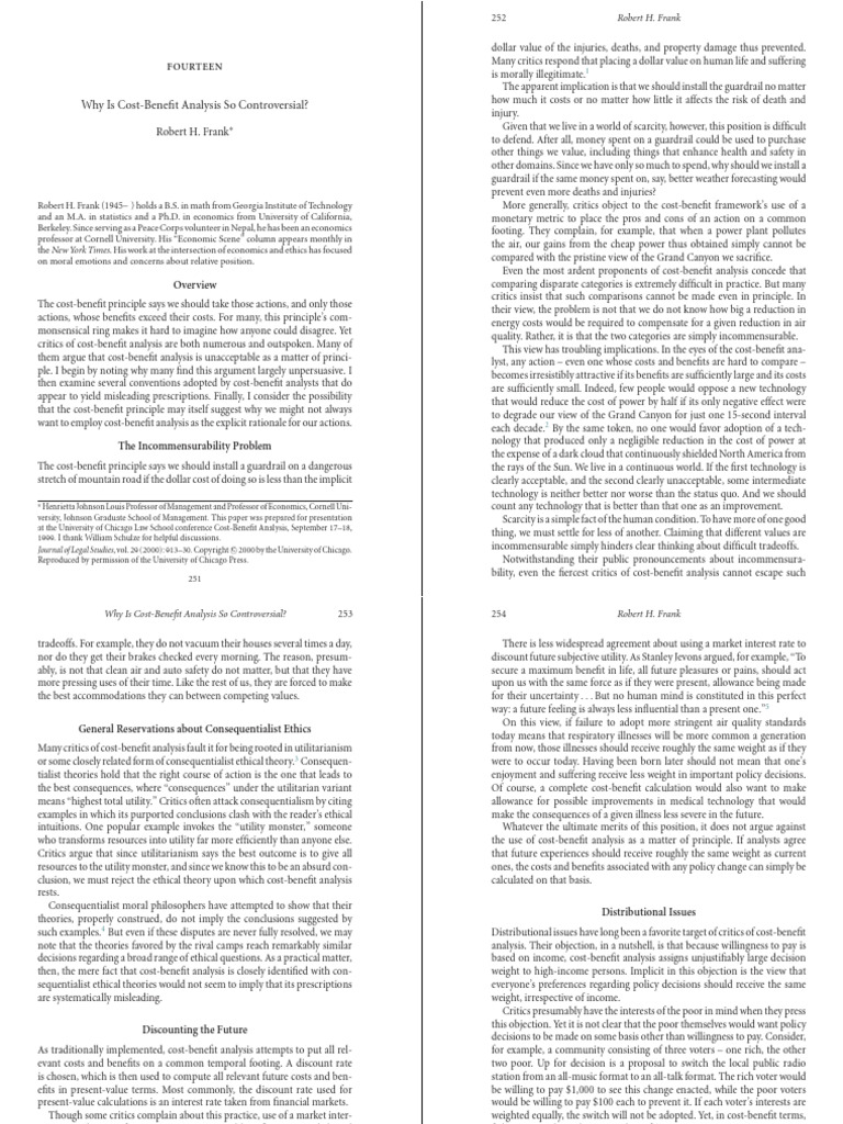 Robert Frank Why Is CBA Analysis Controversial PDF CostBenefit