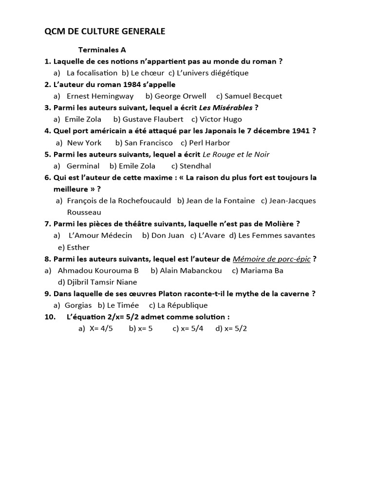 QCM Culture Générale Terminale A | PDF