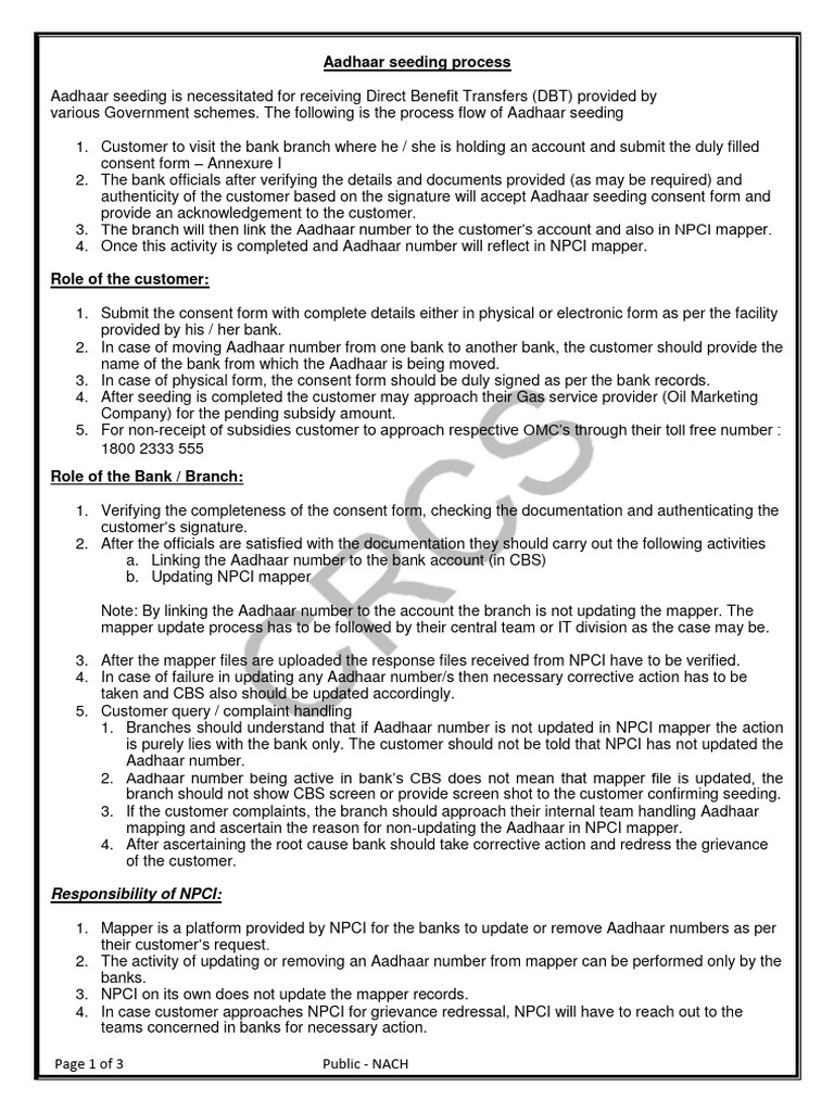 Aadhaar Seeding Process: Responsibility of NPCI | PDF | Business ...