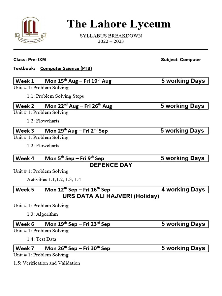 Lahore Lyceum Pre-IXM Computer Syllabus | PDF | Computing