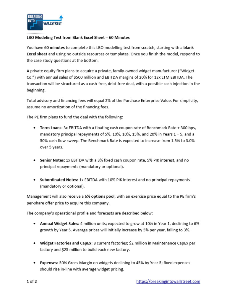 LBO Model Case Study for Widget Co. | PDF | Free Cash Flow | Balance Sheet