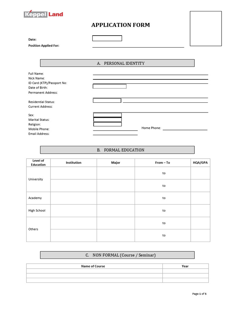 Employee Application Form Keppel Land Indonesia PDF Employment