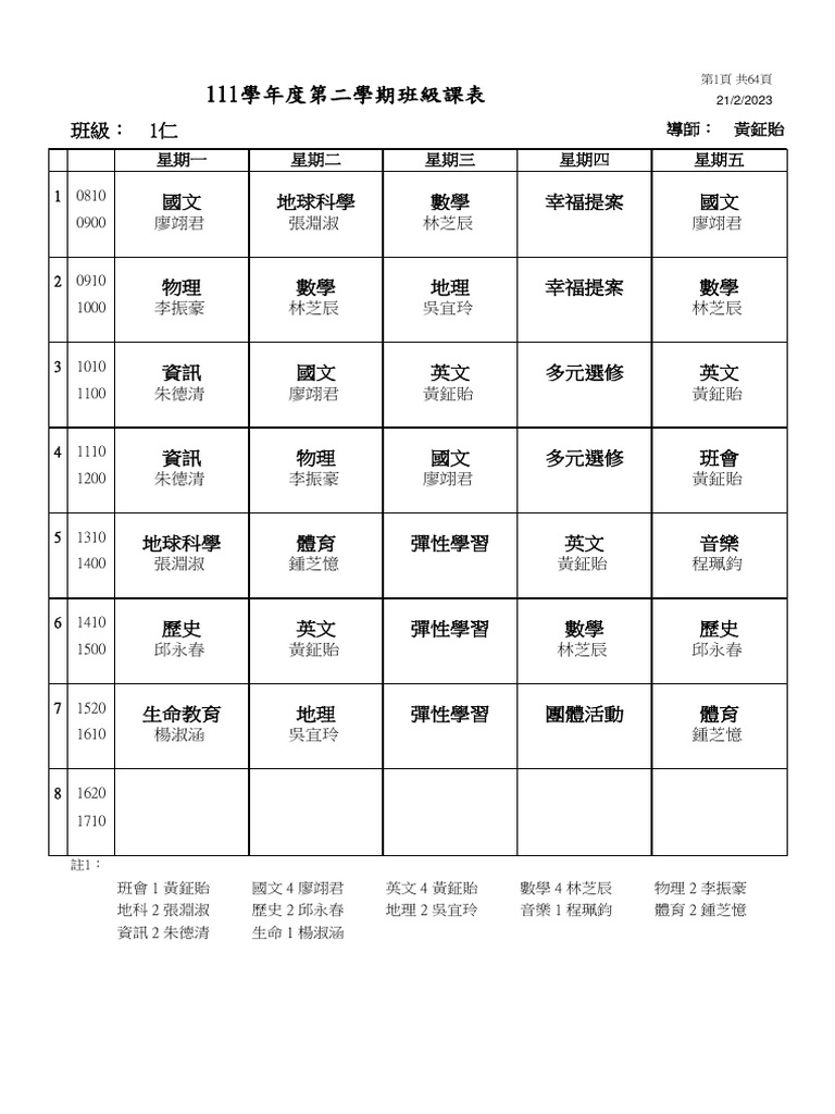 1112正式課表 班級大課表 高一 | PDF