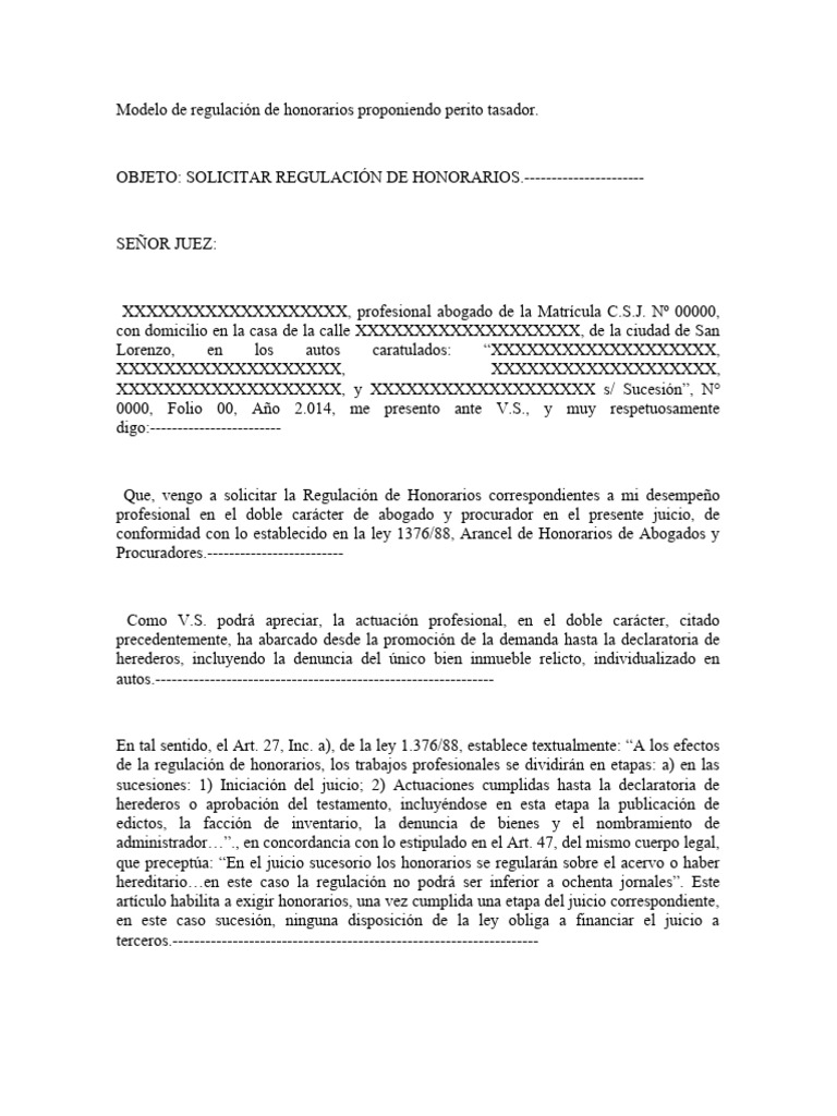 Modelo de Regulación de Honorarios Proponiendo Perito Tasador | PDF ...