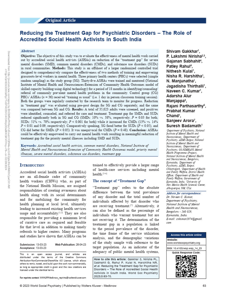 ASHAs' Impact on Mental Health Treatment Gap | PDF | Mental Disorder ...