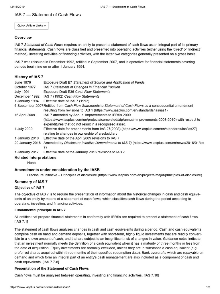 Ias 7 Statement Of Cash Flows Pdf Cash Flow Statement