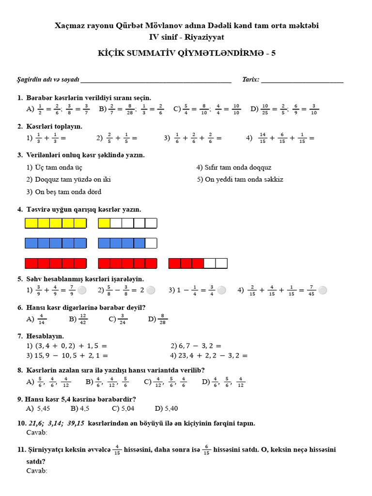 4 Cü Sinif Riyaziyyat Ksq 5 Pdf