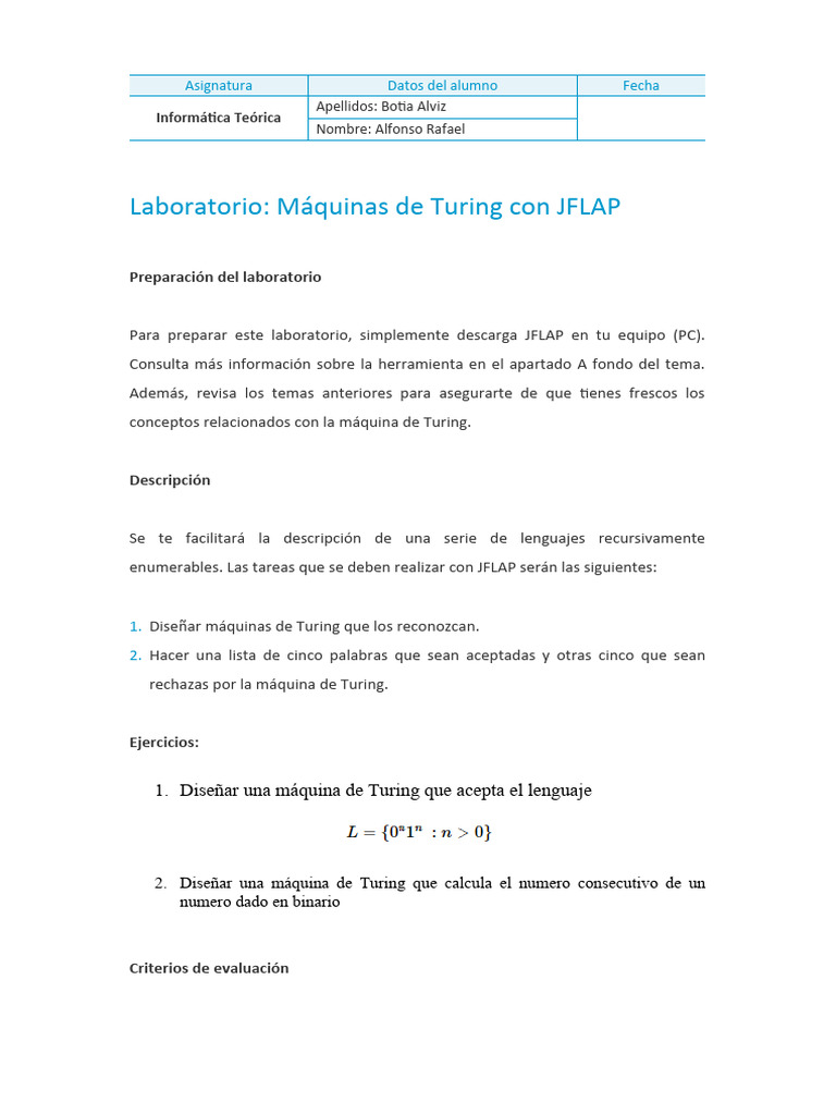 Máquinas de Turing en JFLAP: Laboratorio | PDF