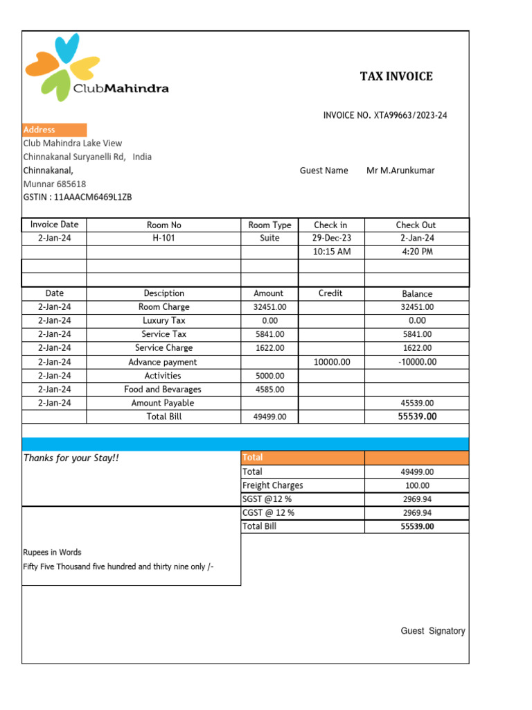 Club Mahindra Invoice Munnar | PDF