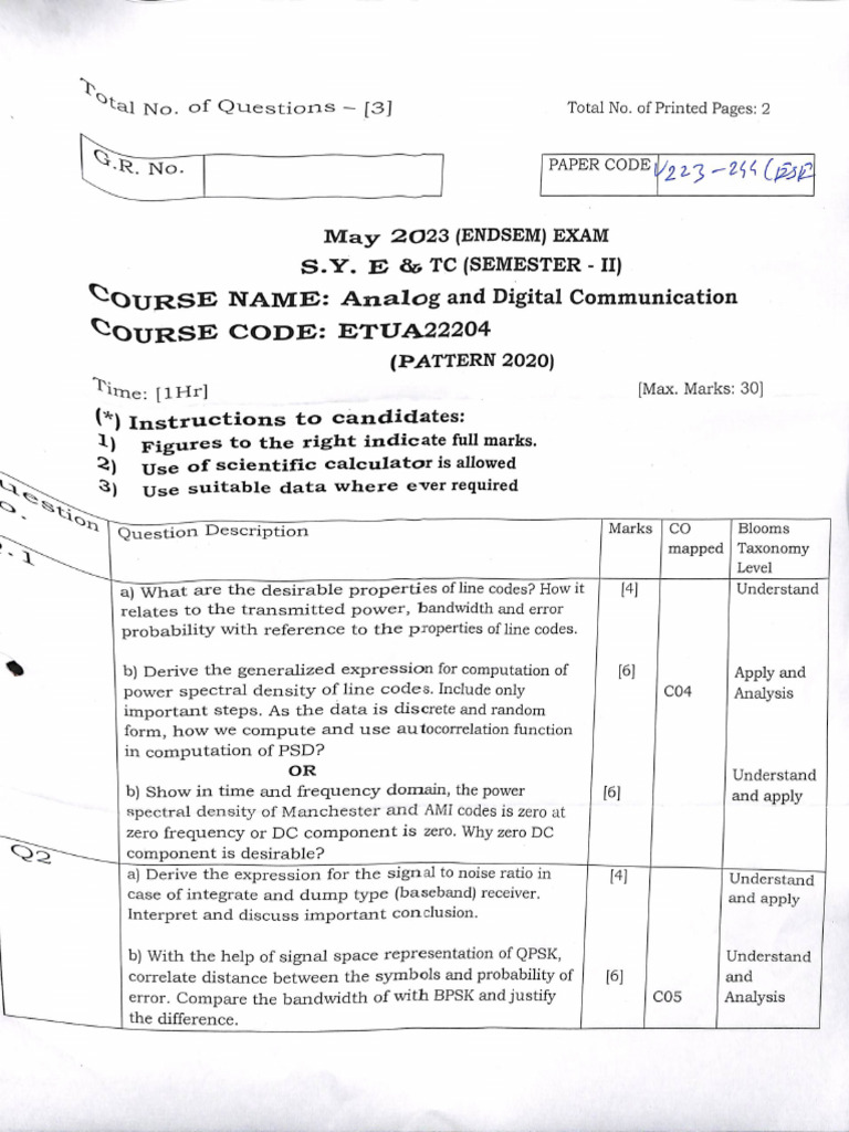 Analog and Digital Communication Exam Guide | PDF | Spectral Density ...