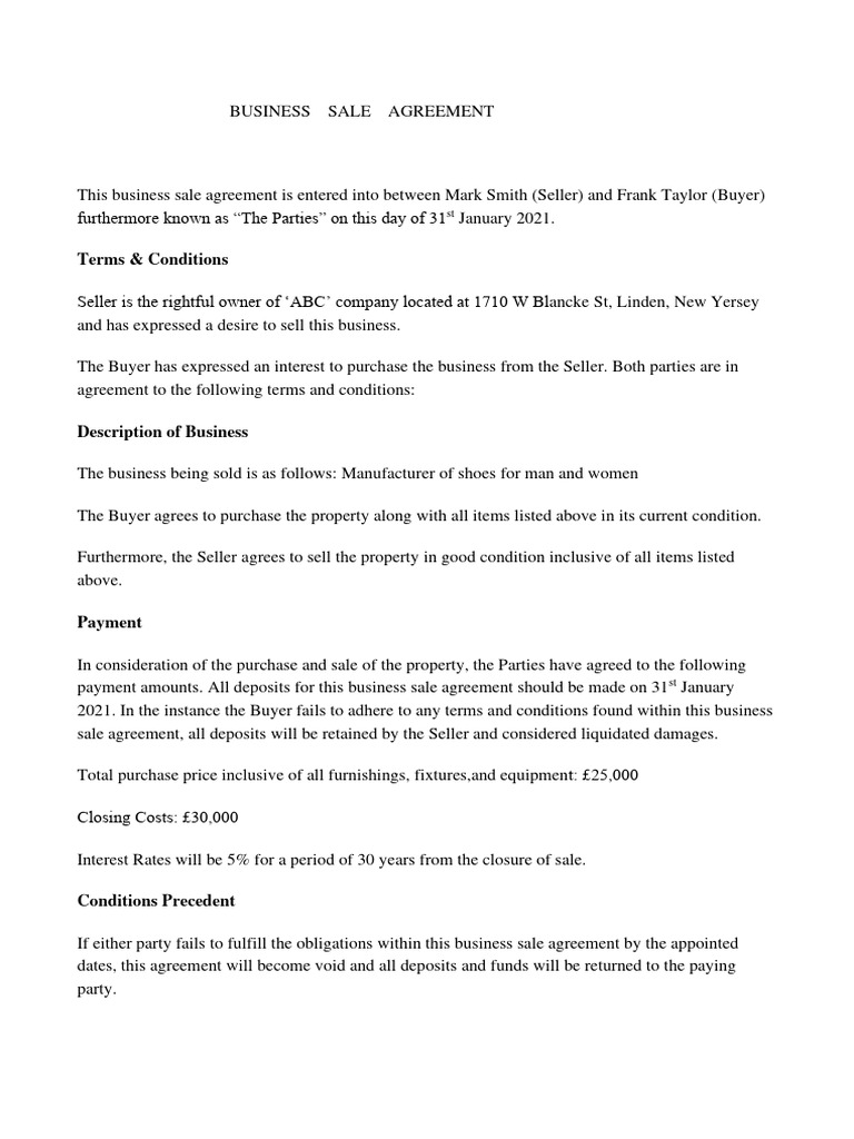 Business SAle Agreement PDF Sales Contractual Term