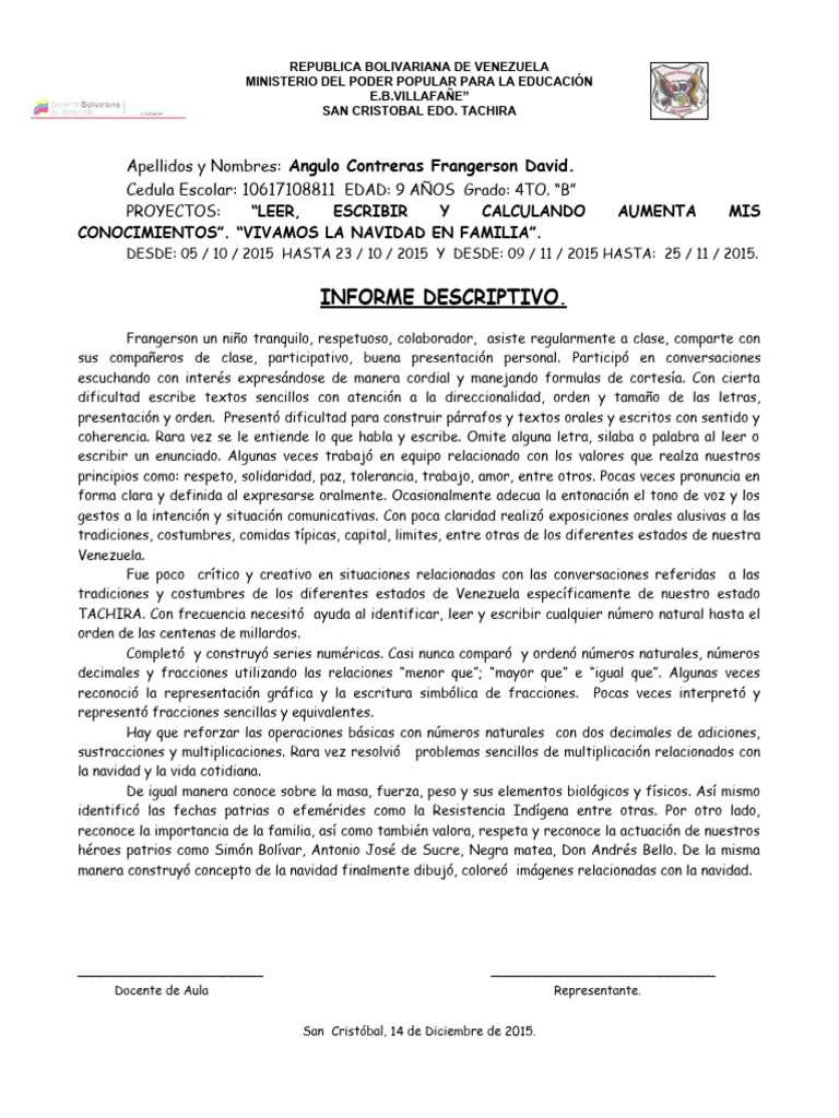 Infomes Descriptivos Del 1er Lapso de 4to Grado | PDF