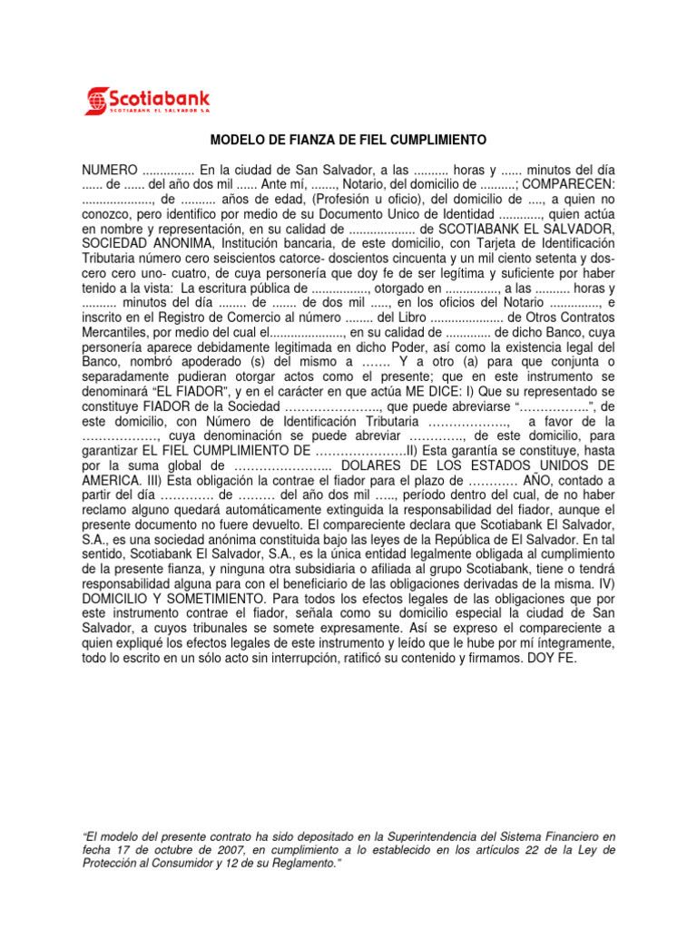 Modelo de Contrato de Fianza El Salvador | PDF | Finanzas y dinero