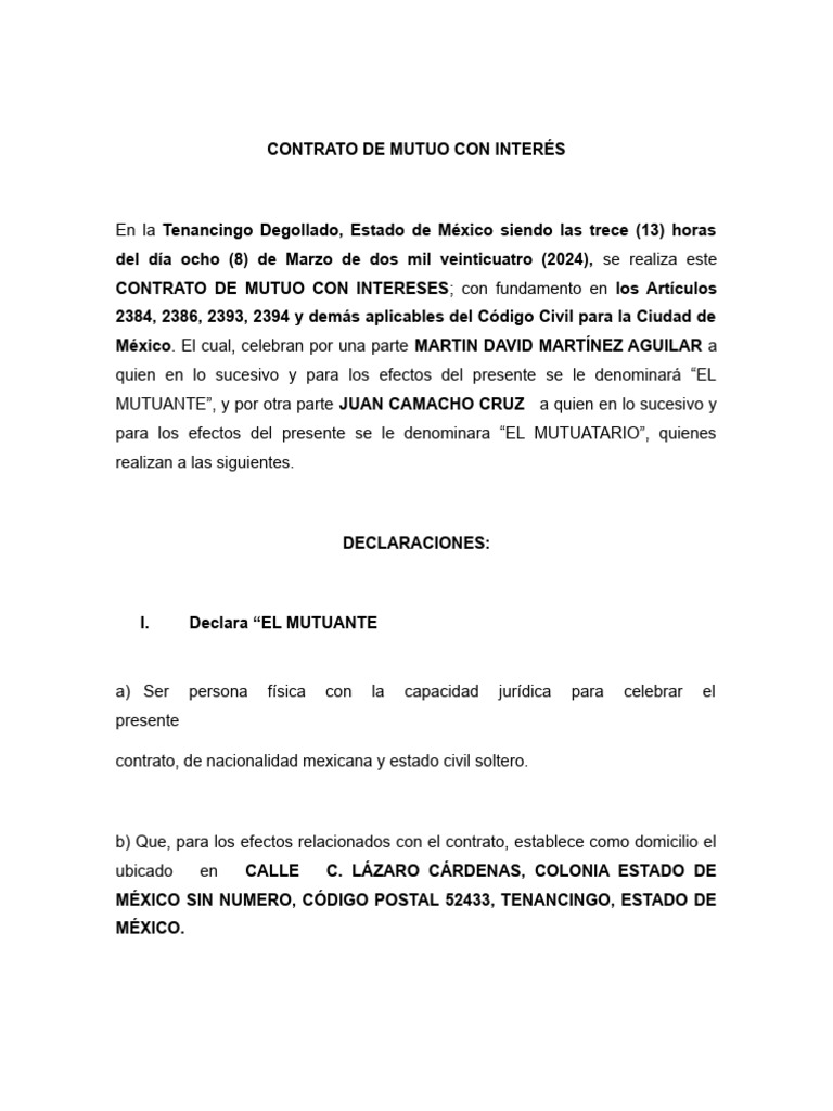 Contrato De Mutuo Con Interes Word