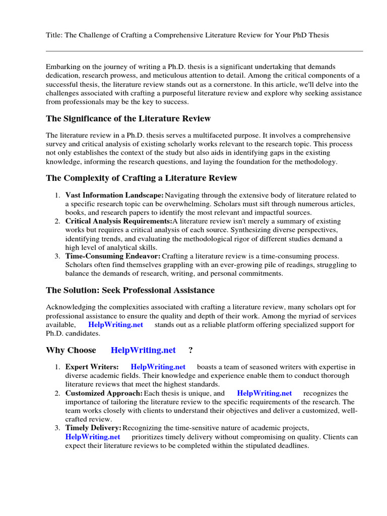 Purpose of Literature Review in PHD Thesis | PDF | Thesis | Literature ...