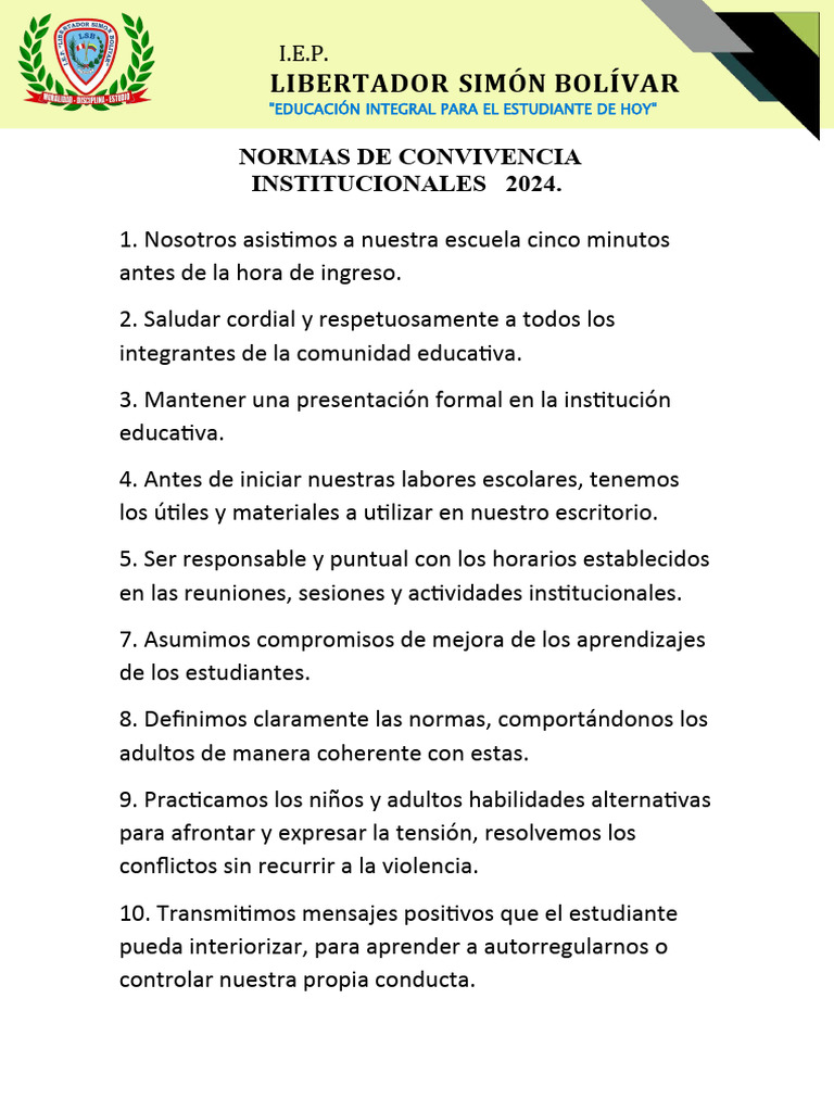 Normas de Convivencia Institucional 2024 | PDF | Plan de estudios ...