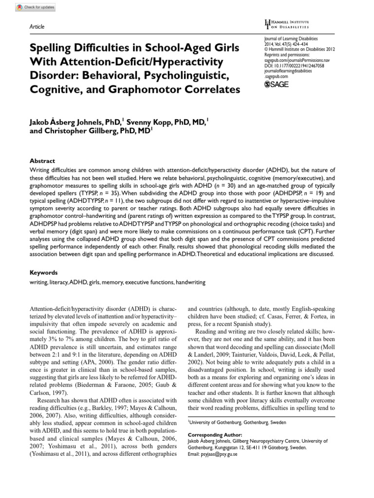 Spelling Challenges in Girls with ADHD | PDF | Attention Deficit ...