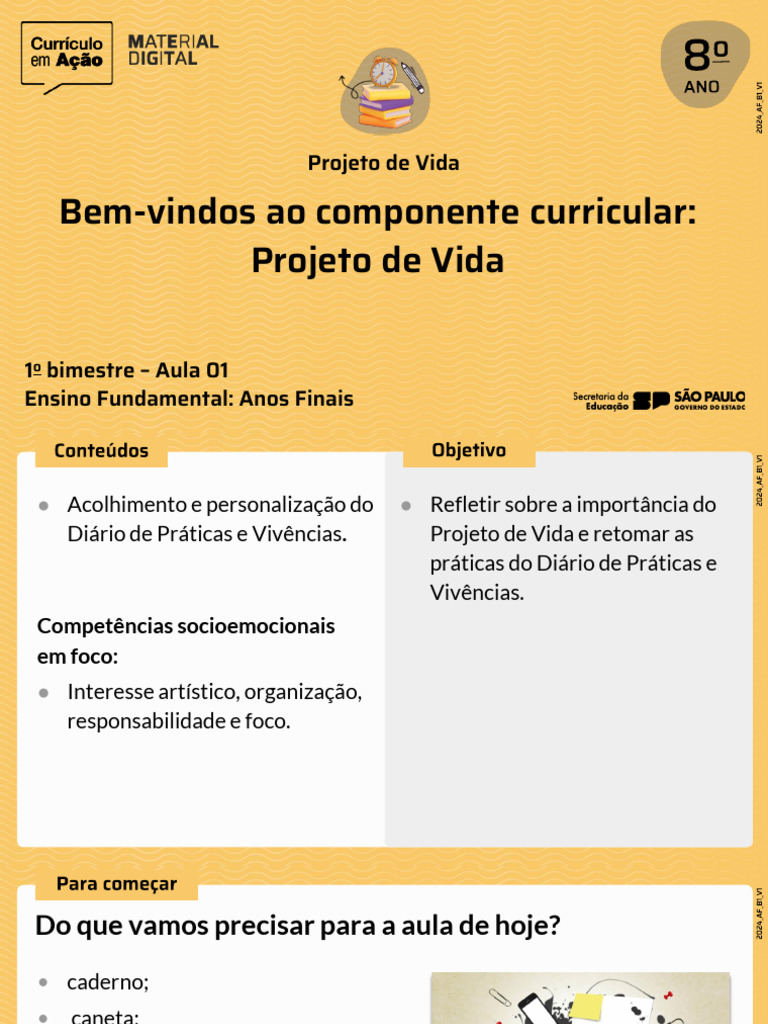 1 AULA 8 ANO 1 BIM Bem Vindos Ao Componente Curricular PROJETO DE VIDA ...
