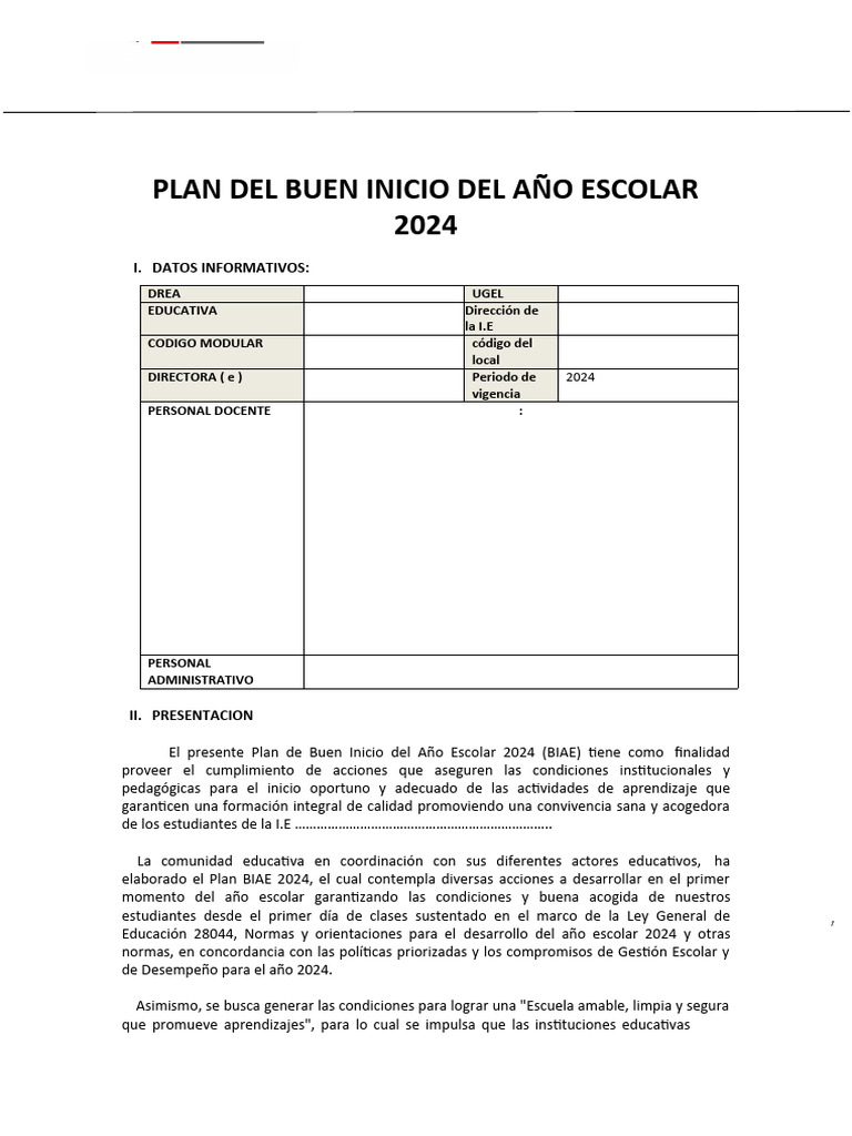 Plan de Buen Inicio Escolar 2024 | PDF