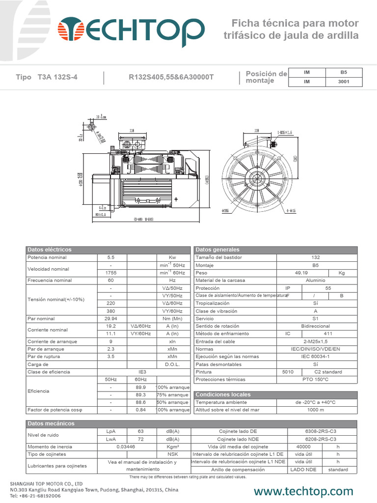 Motor Trifásico Techtop T3A 132S-4 | PDF | Rodamiento (Mecánico) | Máquinas
