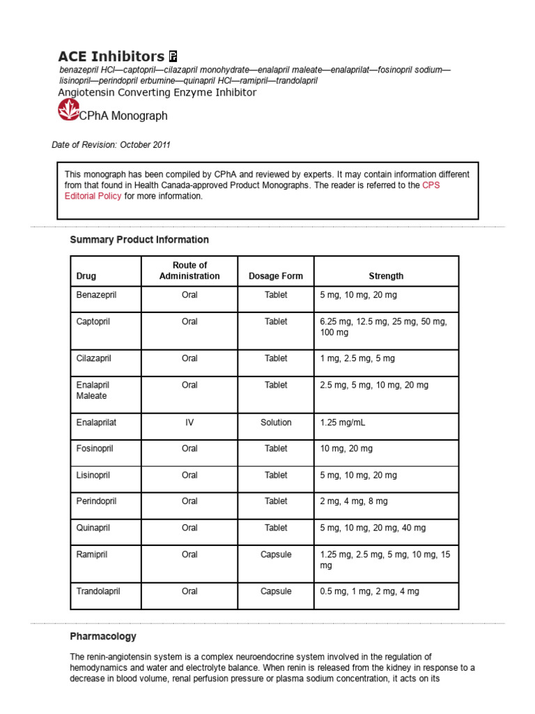 ACE Inhibitors (CPhA Monograph) | PDF | Angiotensin | Dose (Biochemistry)
