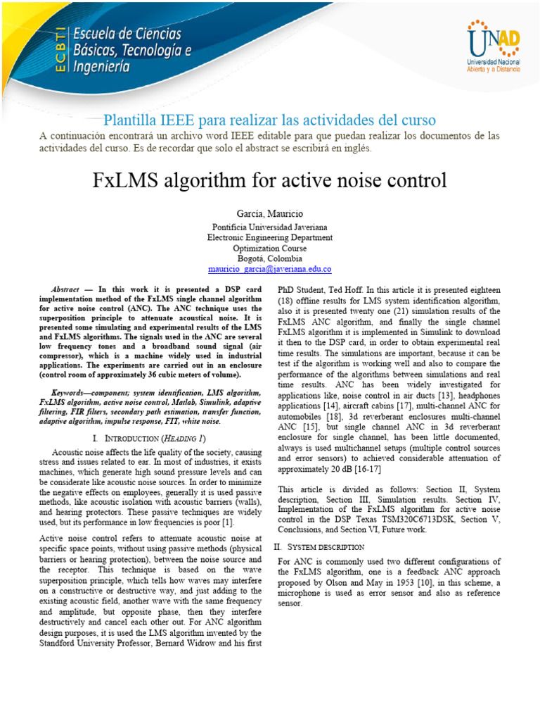 IEEE Template for FxLMS Algorithm | PDF | Computer Science | Applied ...