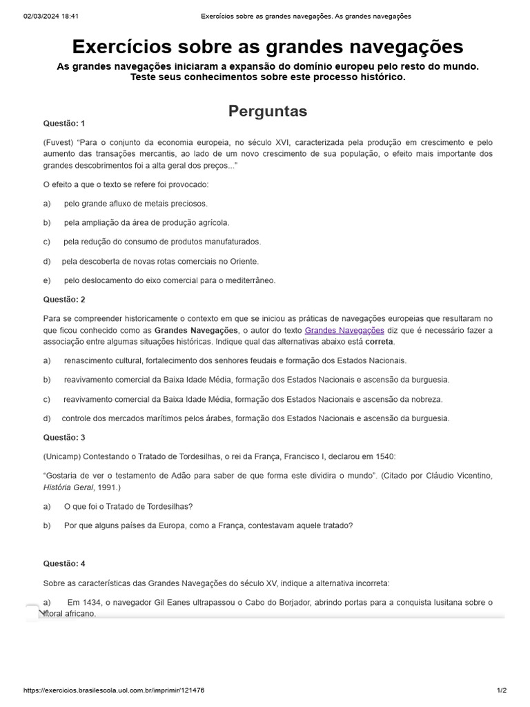 Exercícios Sobre As Grandes Navegações. As Grandes Navegações | PDF