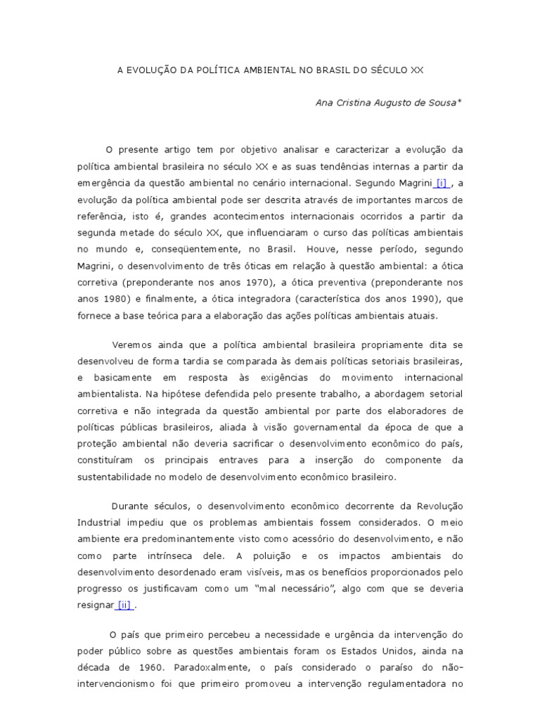 A EvoluÇÃo Da PolÍtica Ambiental No Brasil Do Século XX | PDF