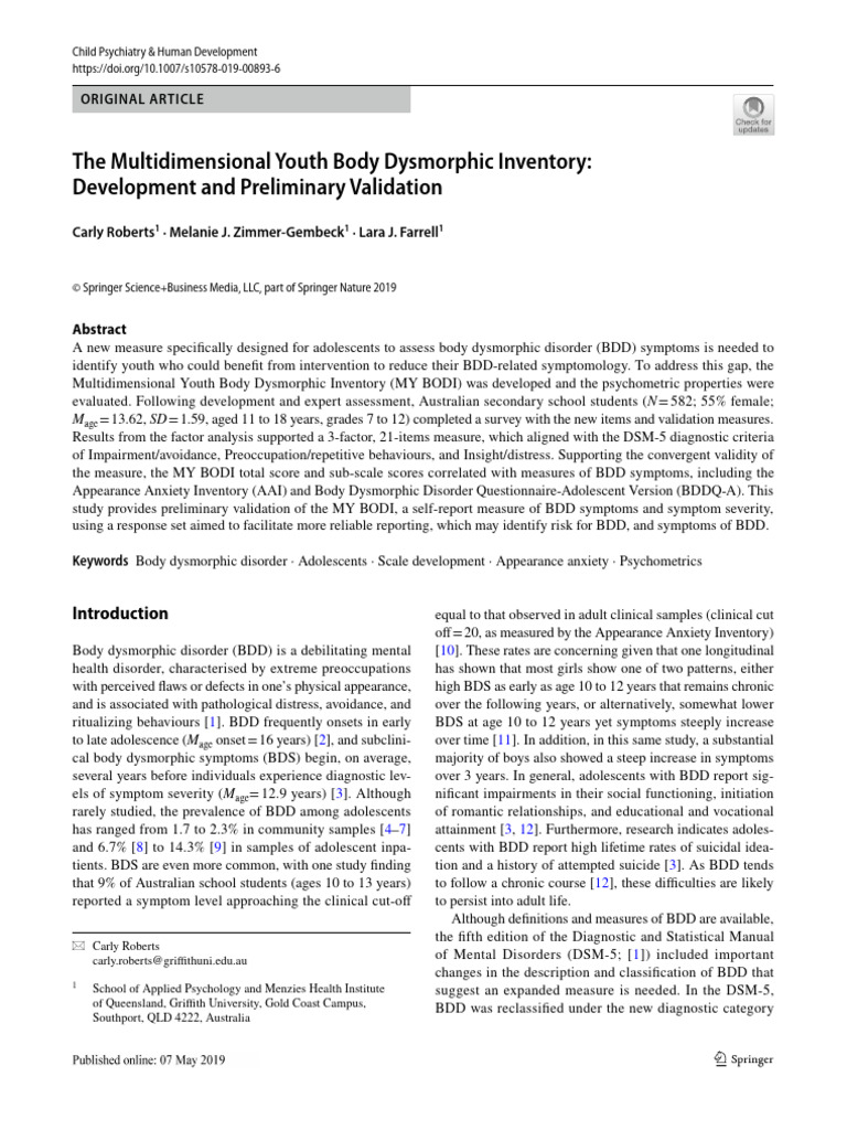 Youth Body Dysmorphic Inventory Validation | PDF | Mental Disorder ...