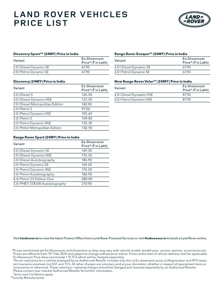 Land Rover 2024 Price List in India | PDF | Vehicle Technology | Off ...