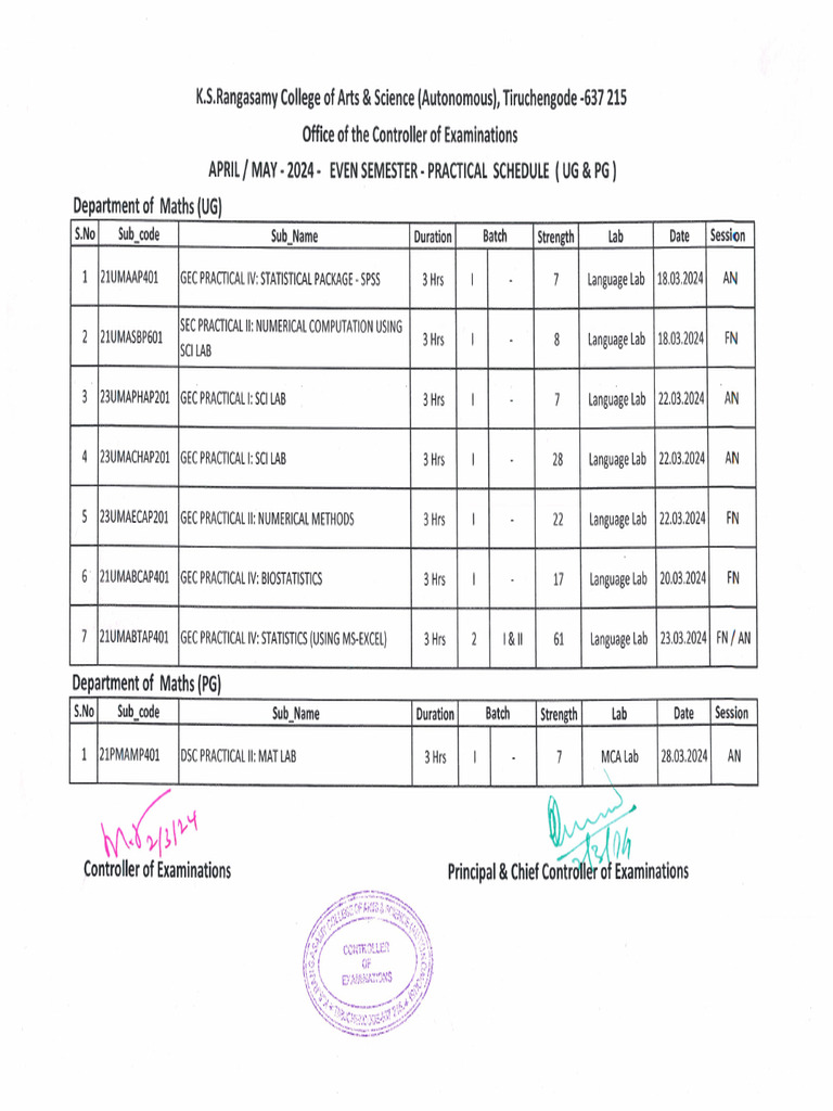 Autonomous Practical Schedule - April - May - 2024 | PDF