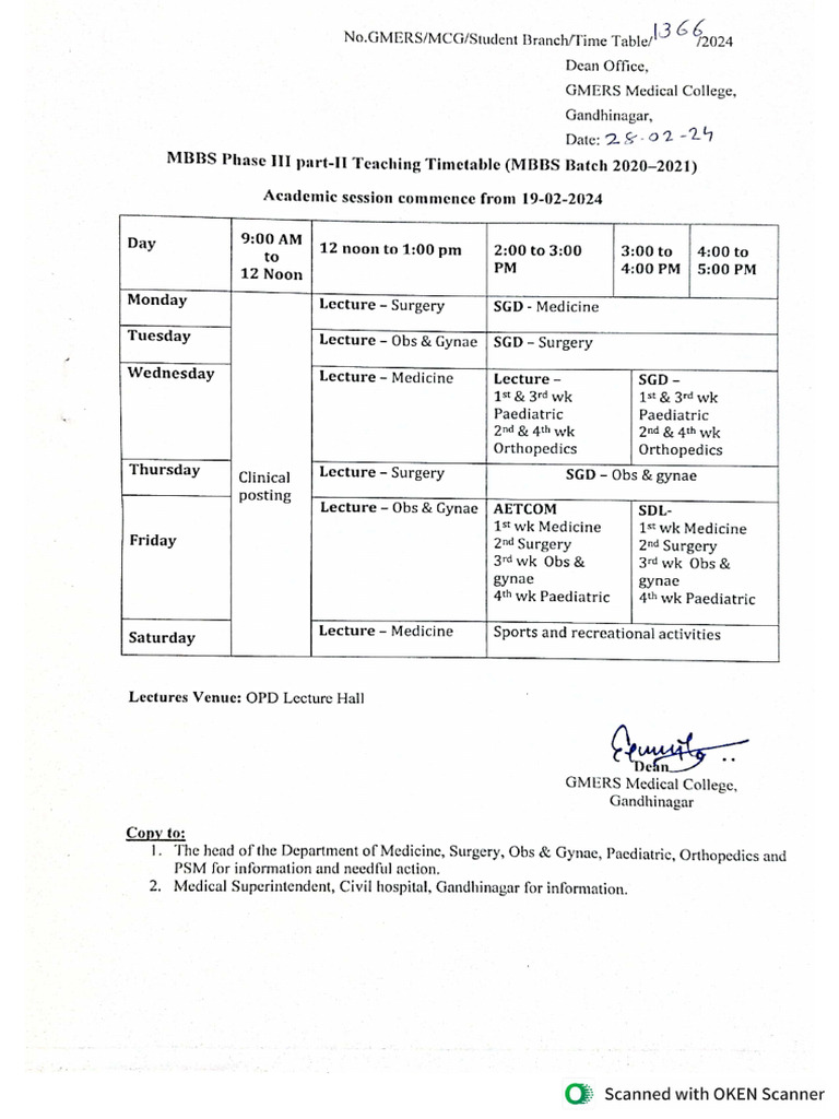 Teaching Timetable MBBS Phase LLL Part-Ll | PDF