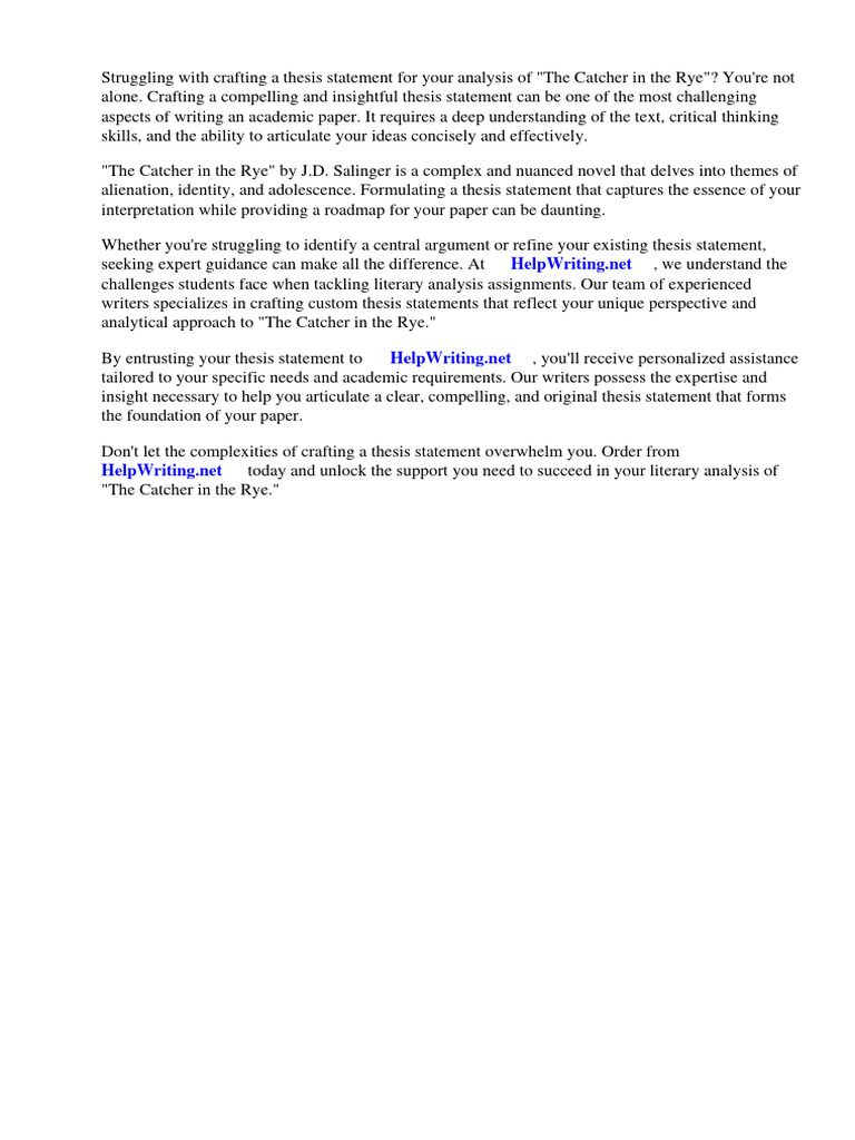Thesis Statement The Catcher in The Rye PDF J. D. Salinger