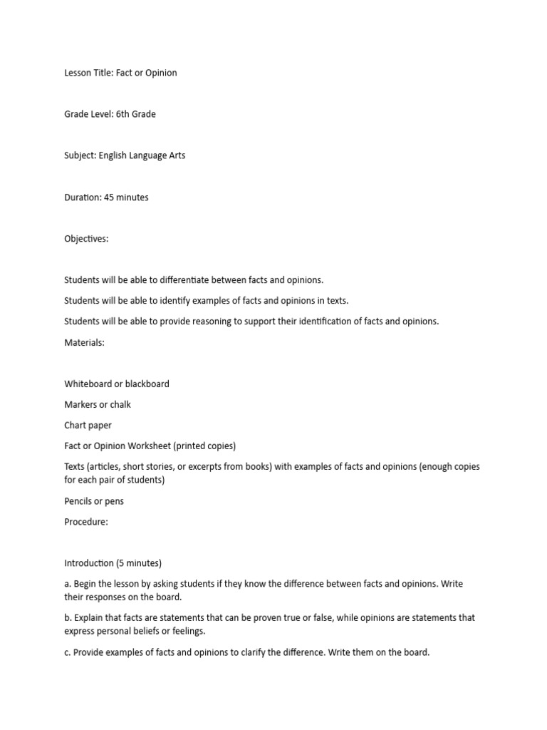 Fact vs Opinion Lesson for 6th Grade | PDF | Thought | Critical Thinking