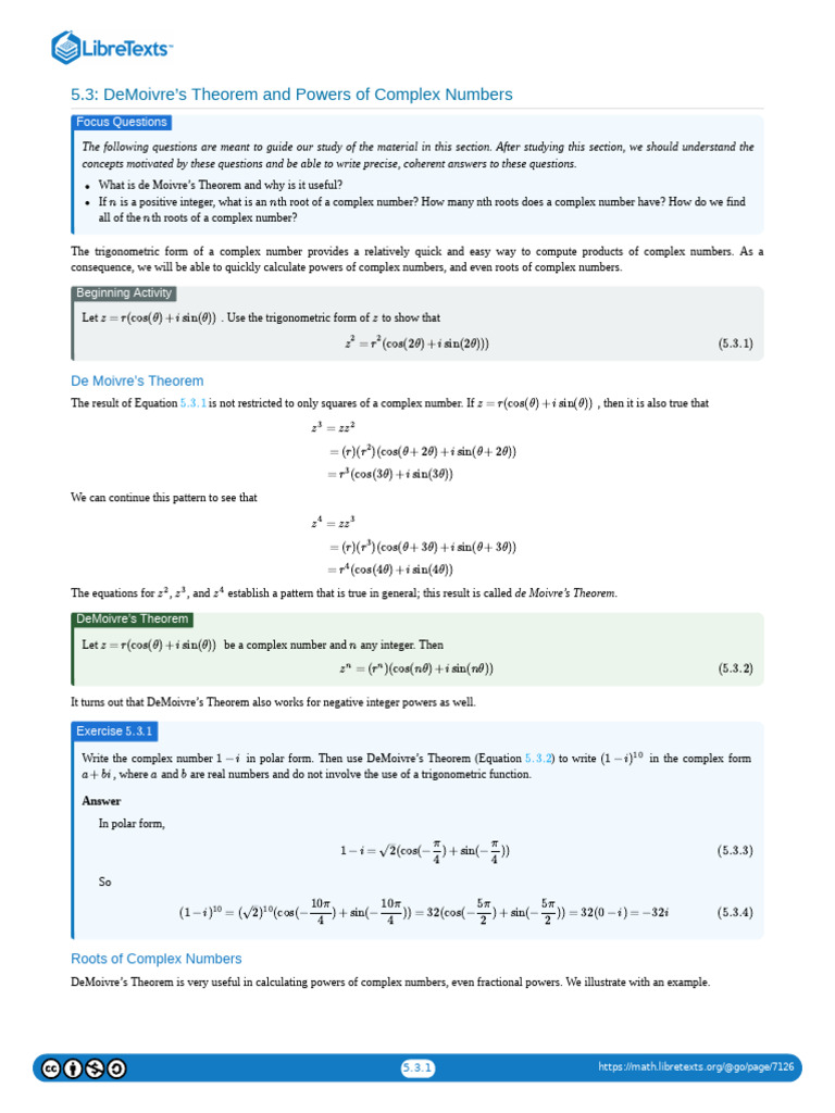 5.03 DeMoivres Theorem and Powers of Complex Numbers | PDF | Complex ...