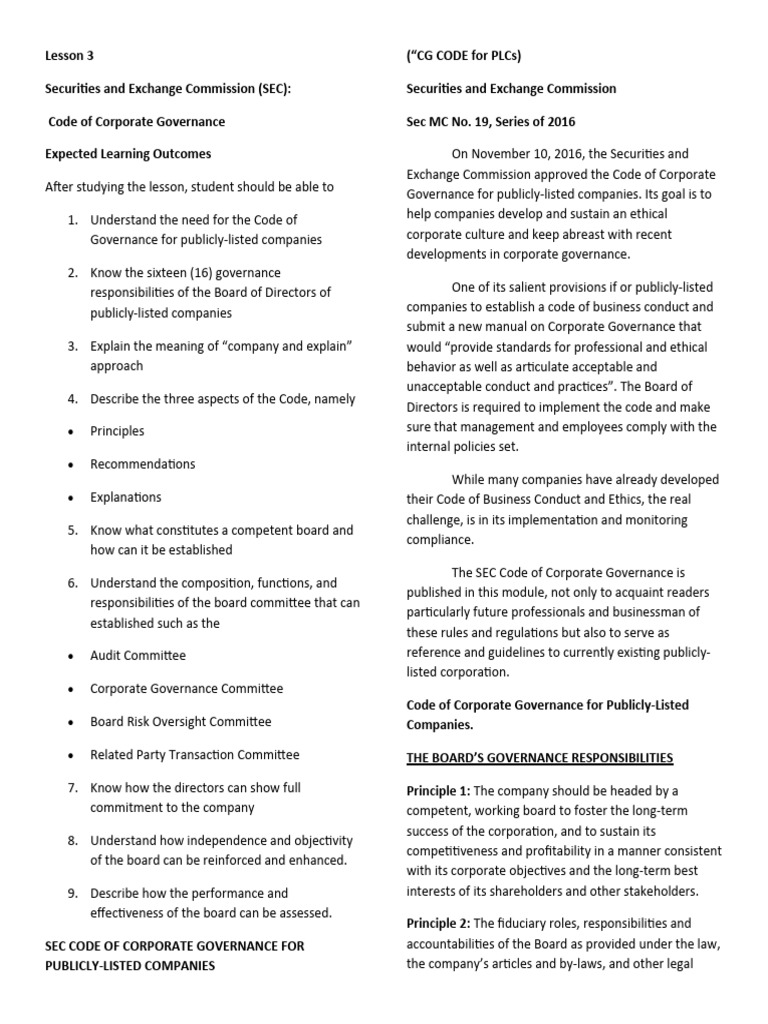 SEC Code of Corporate Governance Overview | PDF | Corporate Governance ...