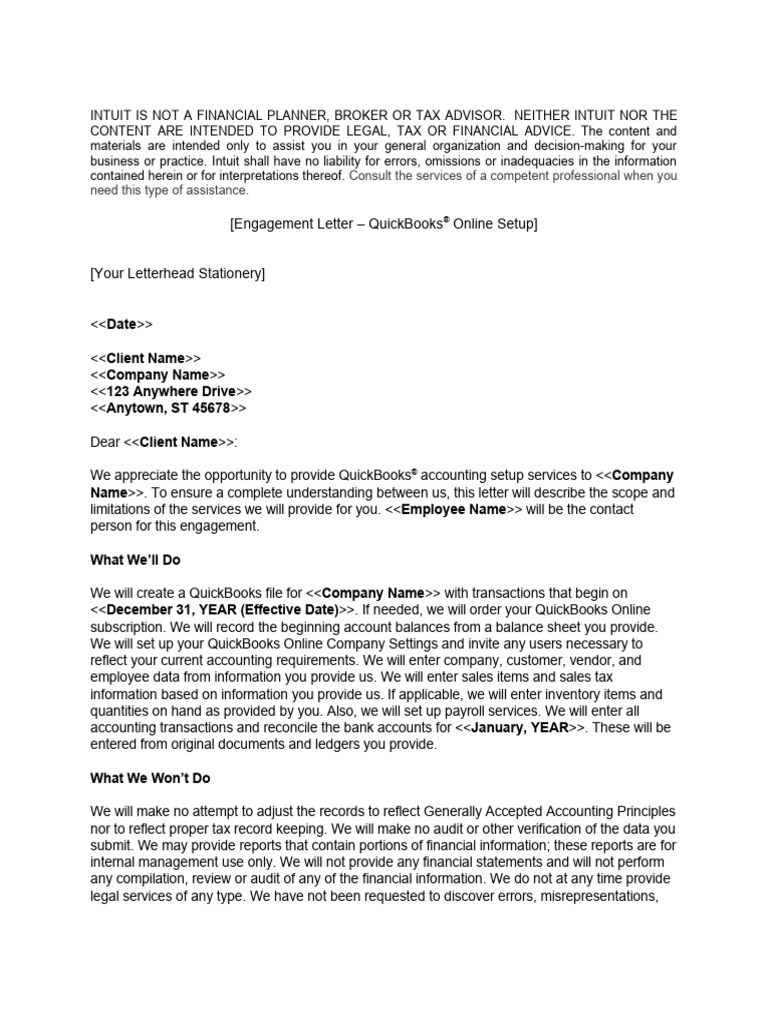 QBO Setup Engagement Letter | PDF | Quick Books | Accounting