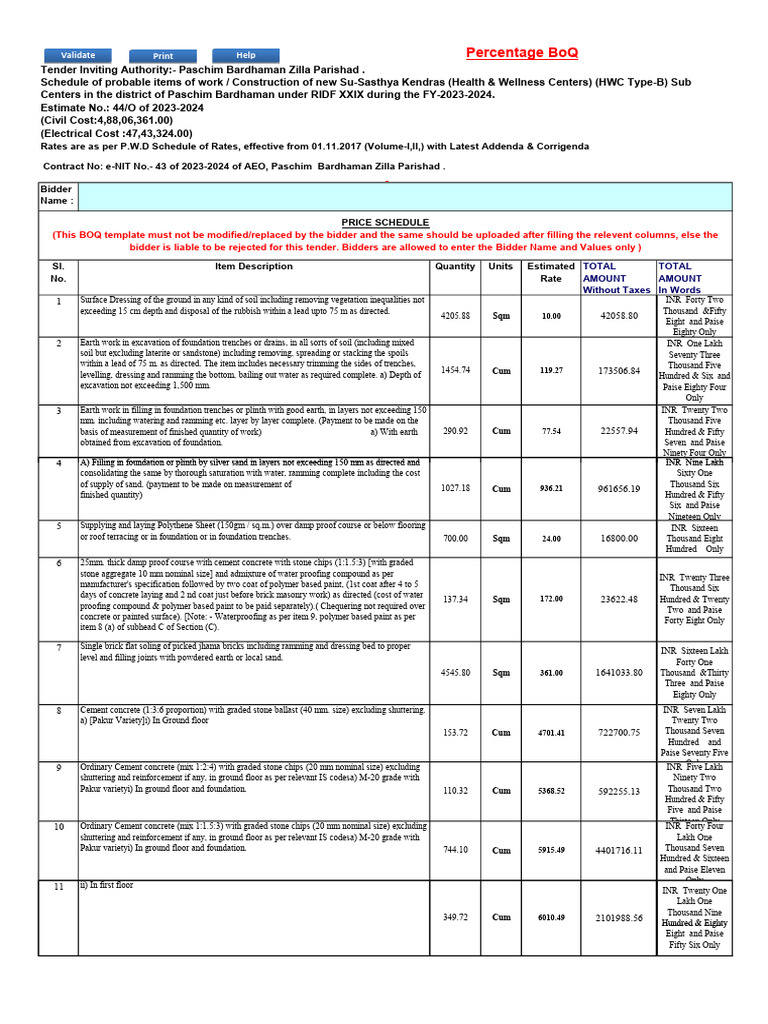 Bid Schedule for Construction Works | PDF | Concrete | Tile