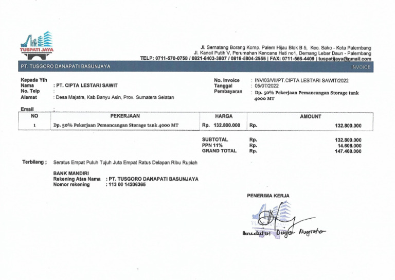 Inv PT - Cipta Lestari Sawit Dp.50% Pekerjaan Pemancangan Storage Tank ...