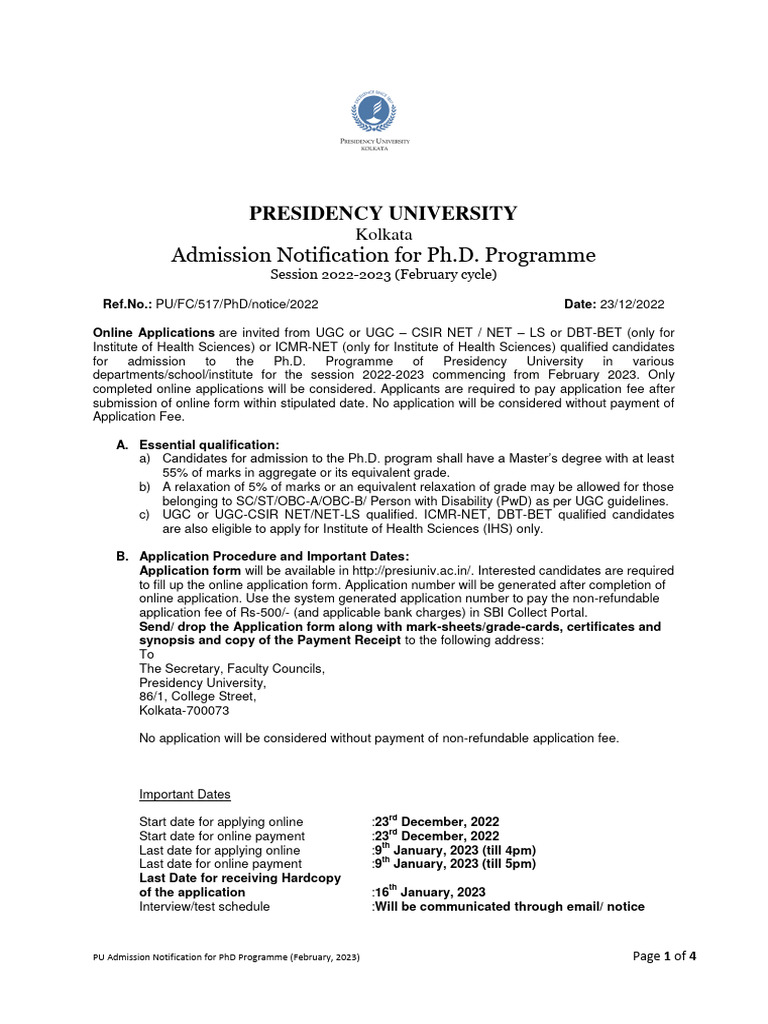 PU PhD Admission Notification 2023 | PDF | Doctor Of Philosophy ...