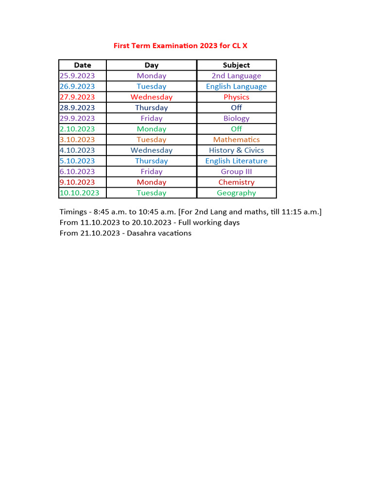 CL X First Term Exam Schedule 2023 | PDF