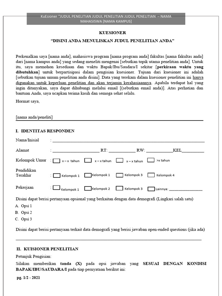 Contoh Kuesioner Penelitian Mahasiswa | PDF