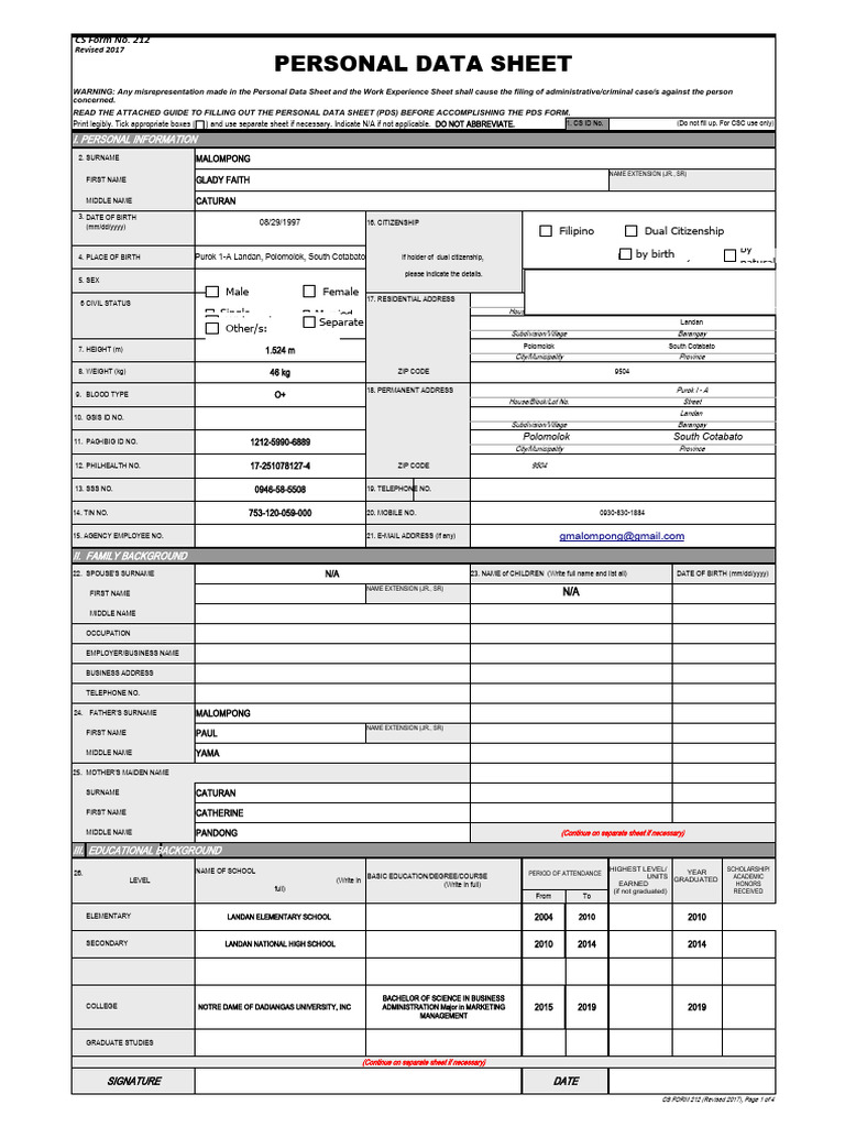CS Form No. 212 Personal Data Sheet Revised | PDF | Teachers ...