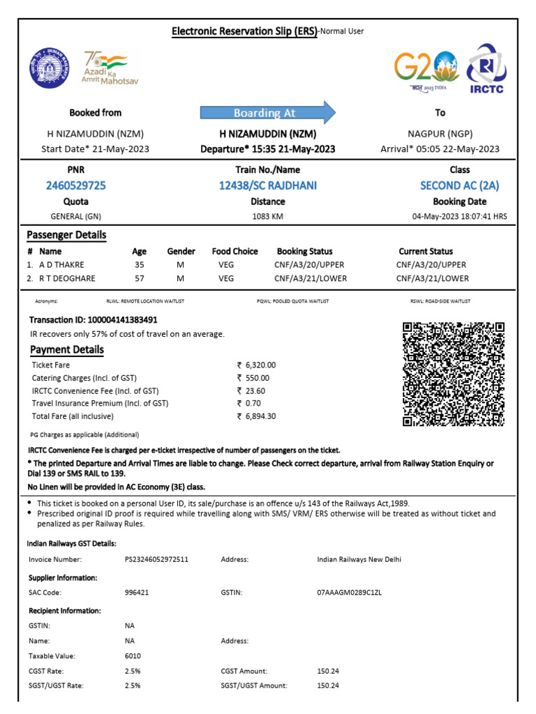 12438/SC RAJDHANI Second Ac (2A) | PDF | Identity Document | Payments