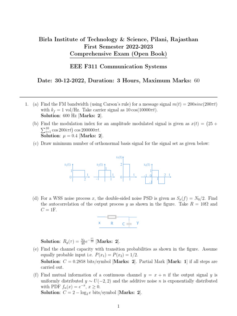 EEE F311 Communication Systems Exam 2022 | PDF | Code | Bandwidth ...