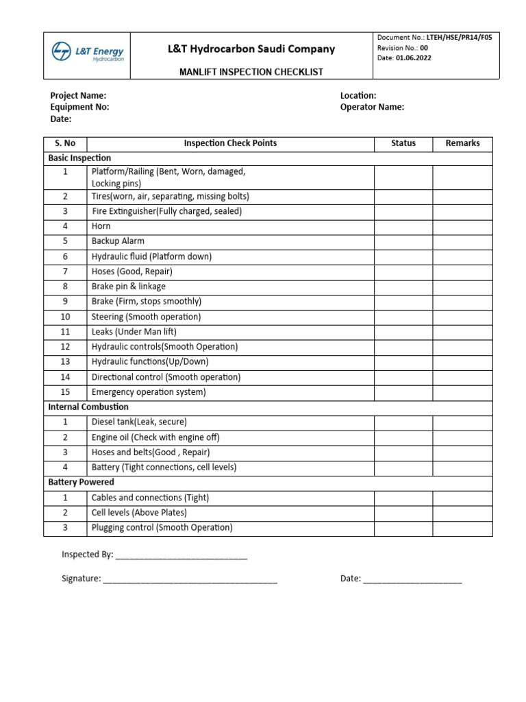 09. Manlift Inspection Checklist PDF