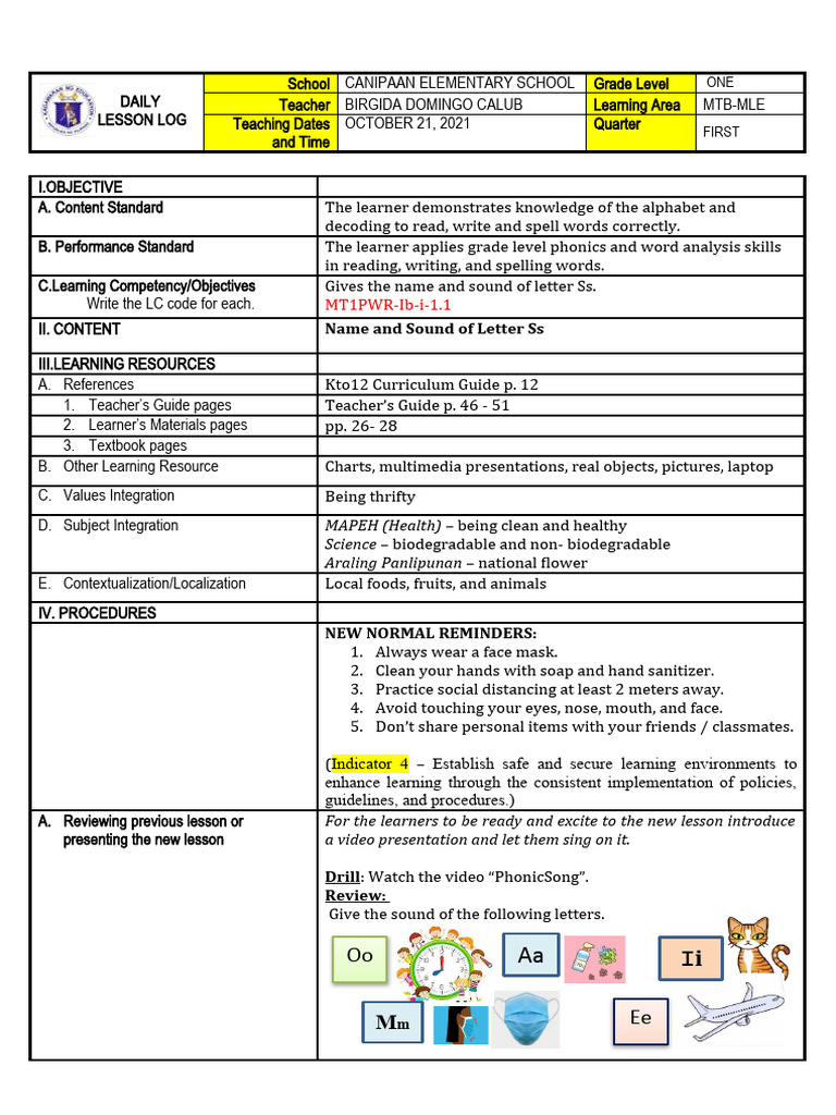 Grade 1 Lesson Plan: Letter Ss | PDF | Learning | Cognition