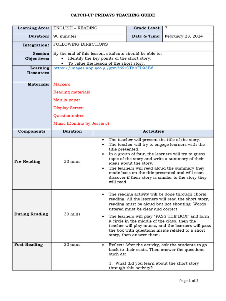 Grade 7 English Reading Guide | PDF | Pedagogy | Education Theory