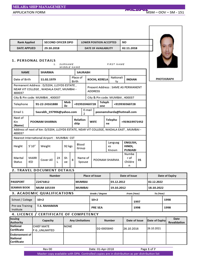 Milaha Ship Management Application Form | PDF | Sailor | Transport