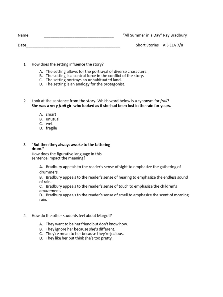 All summer in a day multiple choice questions test pdf